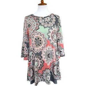 Jenny Boston Tunic Blouse Multicolor Mandala Print Flare 3/4 Sleeve Stretch L